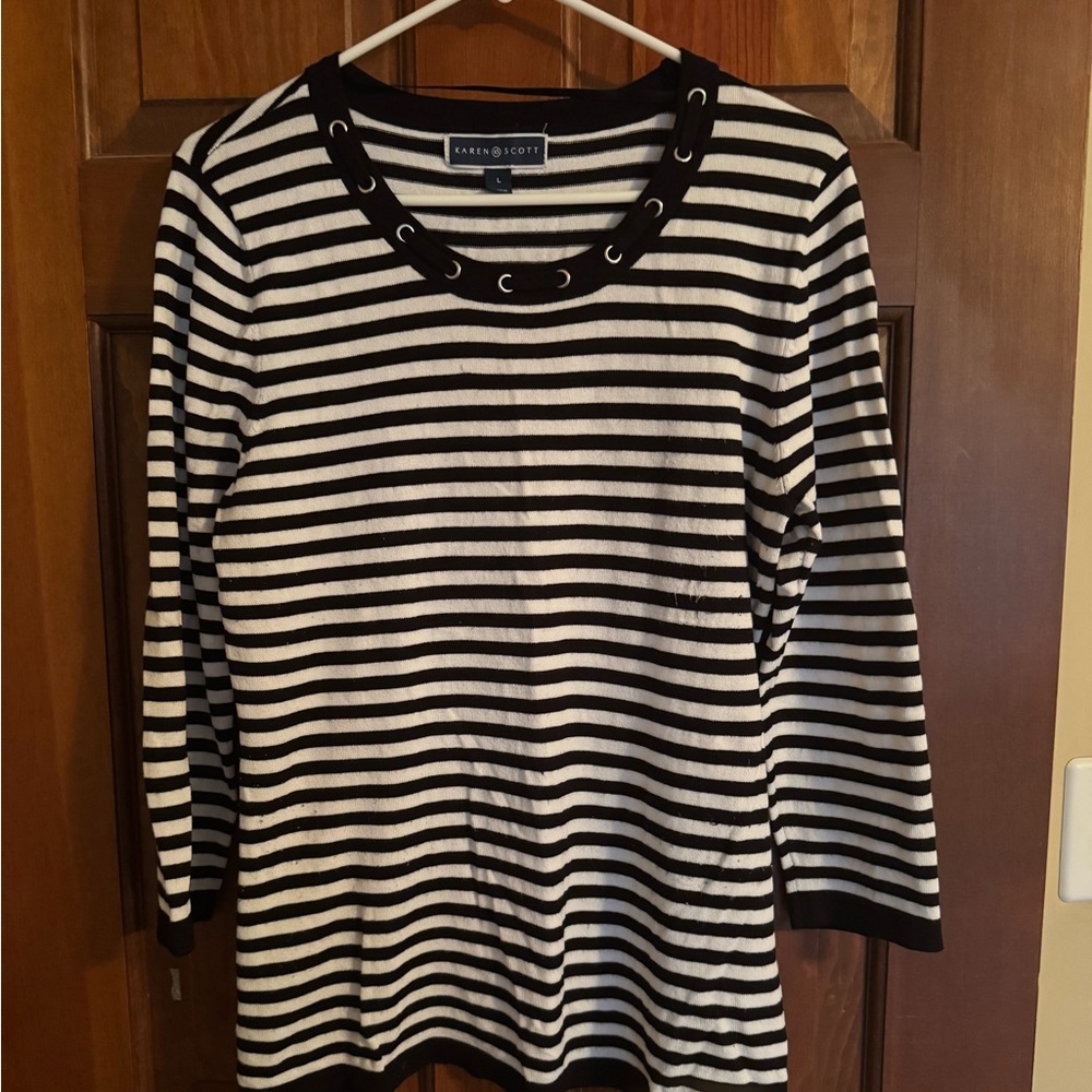 Karen Scott Black and White Striped Blouse with Grommet Neckline